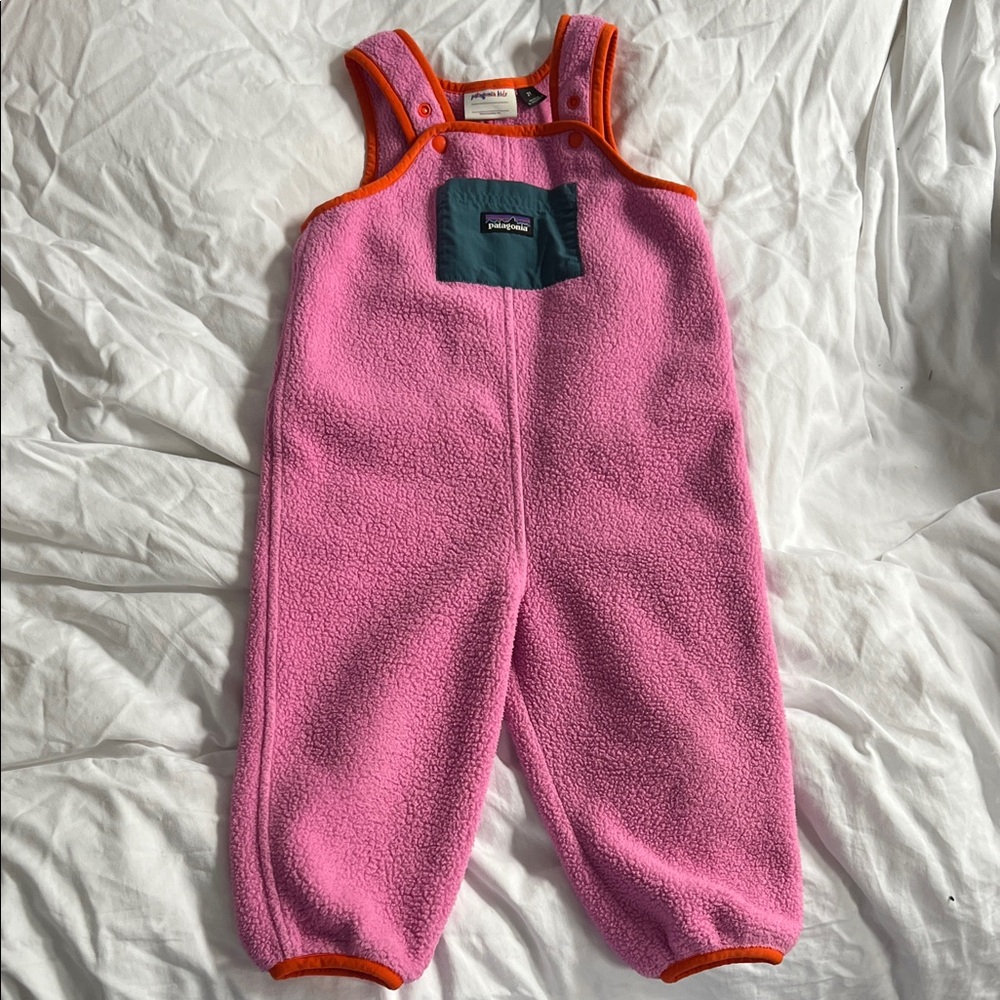 Patagonia Pink Fleece Overalls with Orange Accents